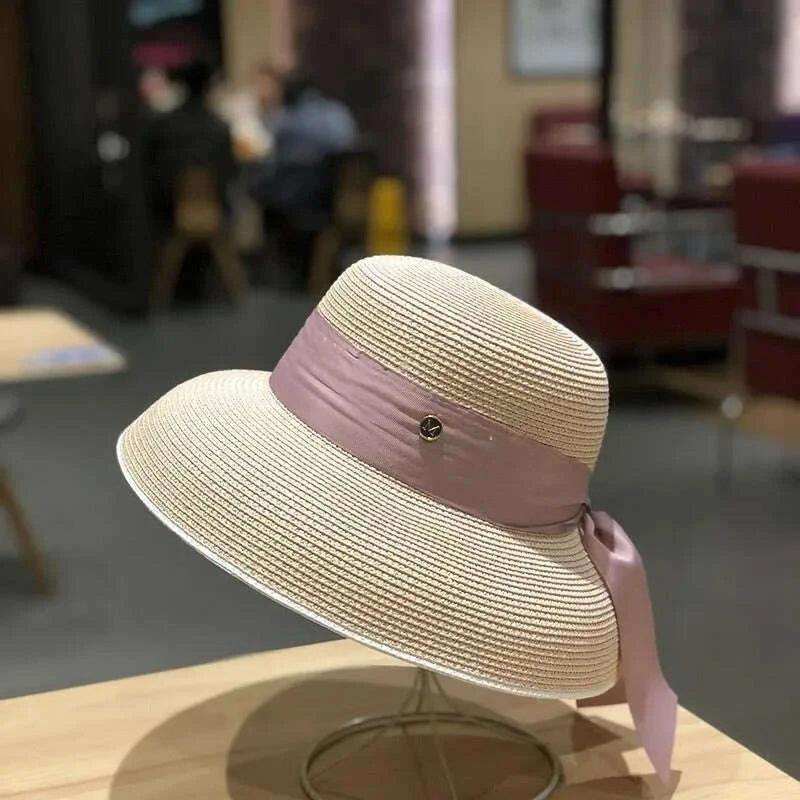 Women's French Retro Straw Sun Hat with Bow Detail - Hepburn Style Elegant Wide Brim UPF 50+ Sun Protection for Beach Vacation