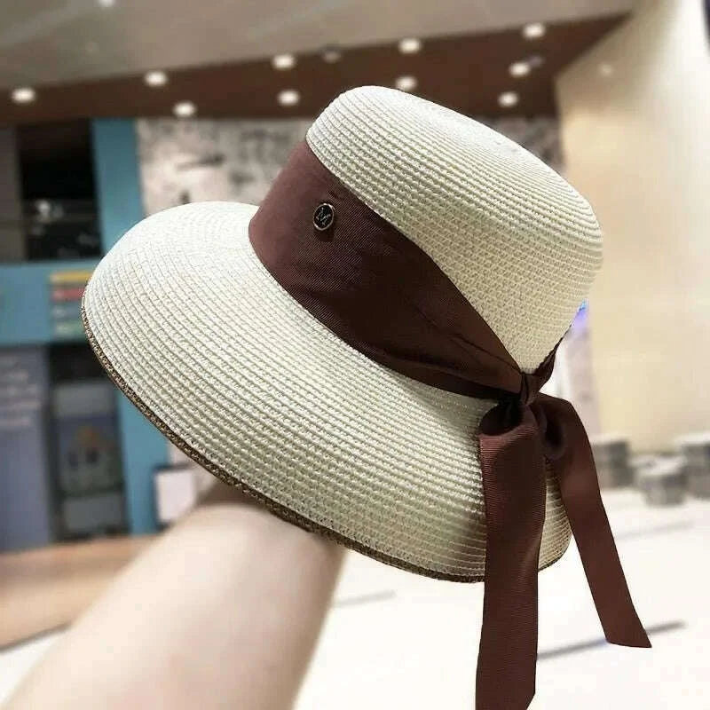 Women's French Retro Straw Sun Hat with Bow Detail - Hepburn Style Elegant Wide Brim UPF 50+ Sun Protection for Beach Vacation
