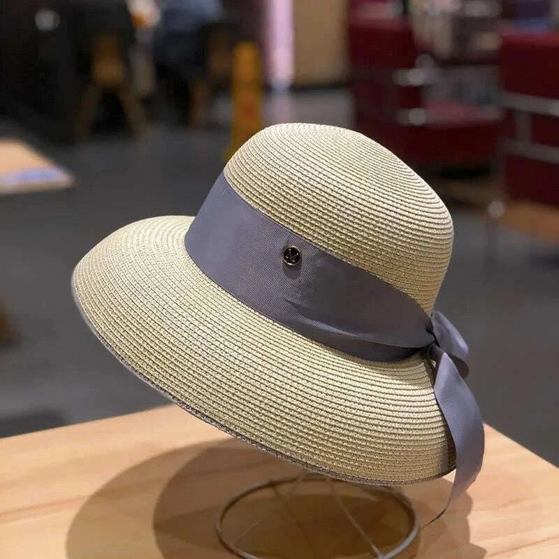 Women's French Retro Straw Sun Hat with Bow Detail - Hepburn Style Elegant Wide Brim UPF 50+ Sun Protection for Beach Vacation