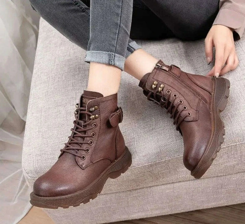 KIMLUD, Women's Genuine Leather Ankle Boots Women Autumn Winter Lace Up Vintage Women Punk Boots Flat Ladies Shoes Woman Botas Mujer, KIMLUD Womens Clothes
