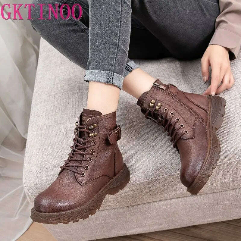 KIMLUD, Women's Genuine Leather Ankle Boots Women Autumn Winter Lace Up Vintage Women Punk Boots Flat Ladies Shoes Woman Botas Mujer, KIMLUD Womens Clothes