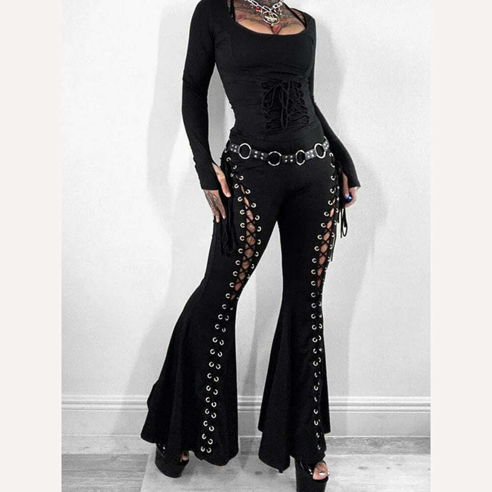 KIMLUD, Women's gothic pants Spring 2024 new dark wind Street fashion trend cock-eye tie design flared pants women, KIMLUD Womens Clothes