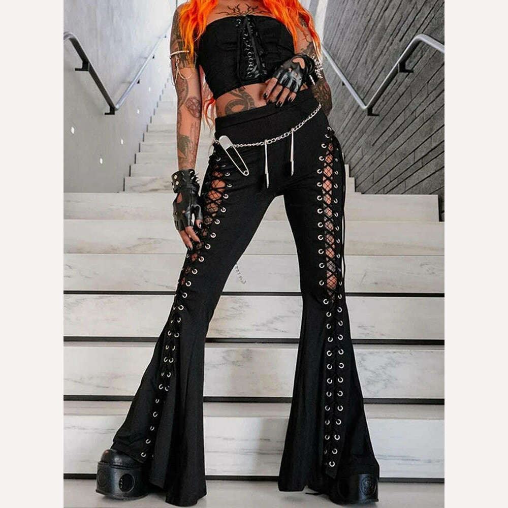 KIMLUD, Women's gothic pants Spring 2024 new dark wind Street fashion trend cock-eye tie design flared pants women, KIMLUD Womens Clothes