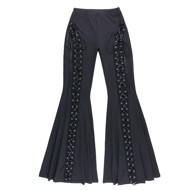 KIMLUD, Women's gothic pants Spring 2024 new dark wind Street fashion trend cock-eye tie design flared pants women, KIMLUD Womens Clothes