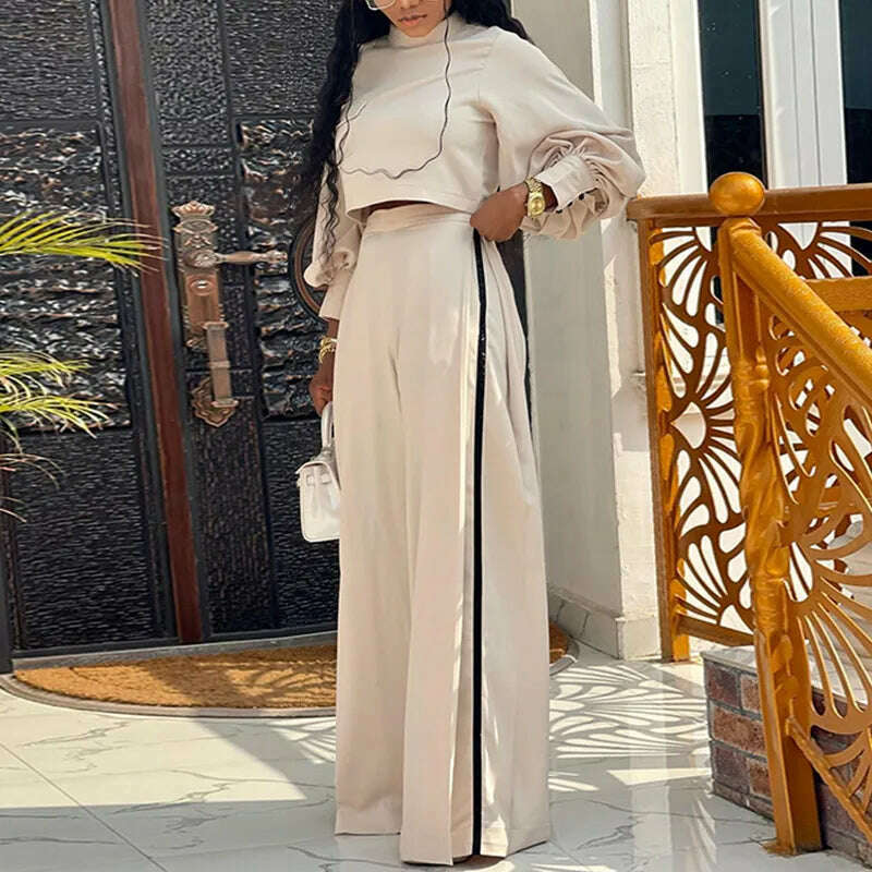 KIMLUD, Women's Half High Collar Lantern Sleeve Top + Wide Leg Pants 2 Piece Set 2023 New Fashion Ruched Commuting Suits Casual Outfits, KIMLUD Womens Clothes