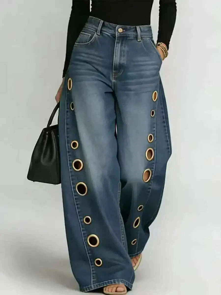 Women's High Waist Straight Leg Jeans Metal Ring Hollow Denim Pants Baggy Autumn Casual Long Jeans with Pockets Street Style