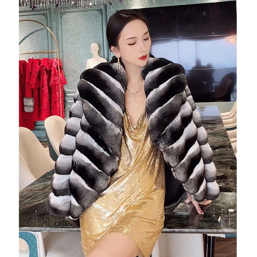 KIMLUD, Women's Jacket Chinchilla Fur Real Rex Rabbit Fur Coat Natural Short Fur Coat Best Selling Fluffy Jacket, KIMLUD Women's Clothes