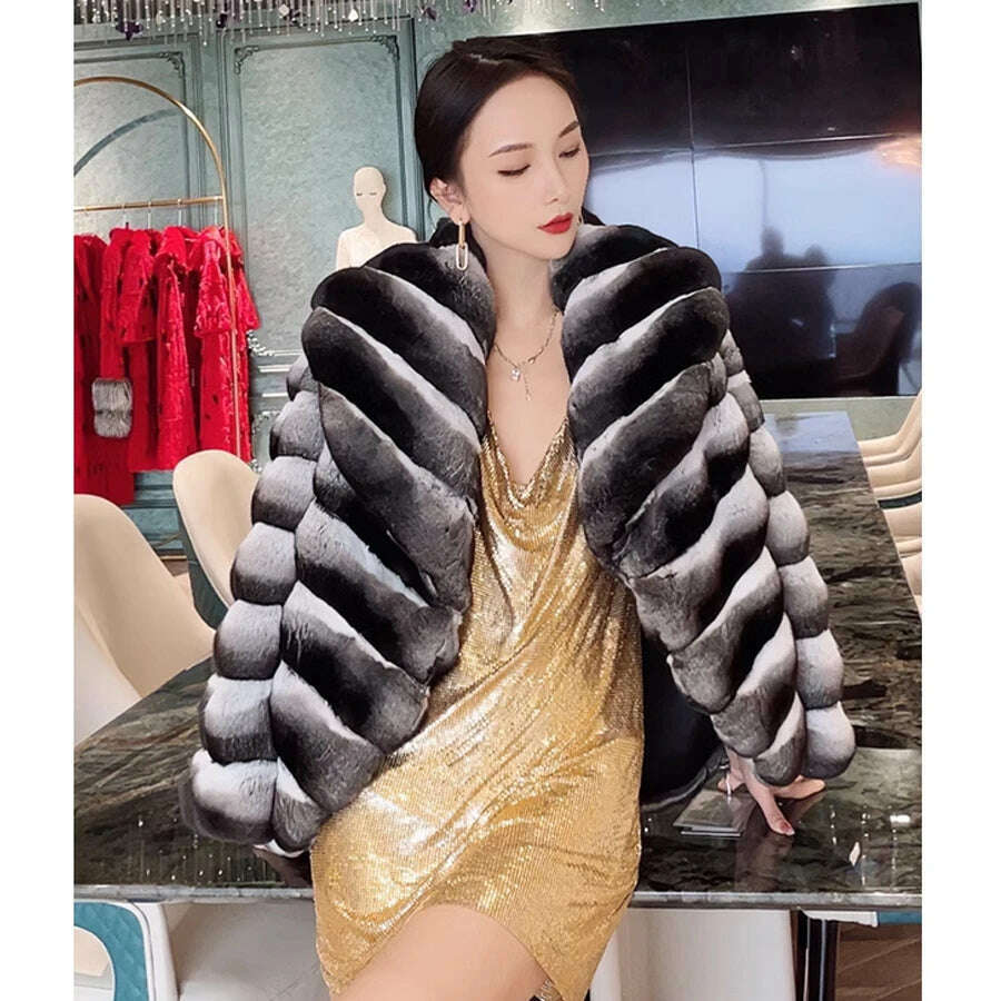 KIMLUD, Women's Jacket Chinchilla Fur Real Rex Rabbit Fur Coat Natural Short Fur Coat Best Selling Fluffy Jacket, KIMLUD Womens Clothes