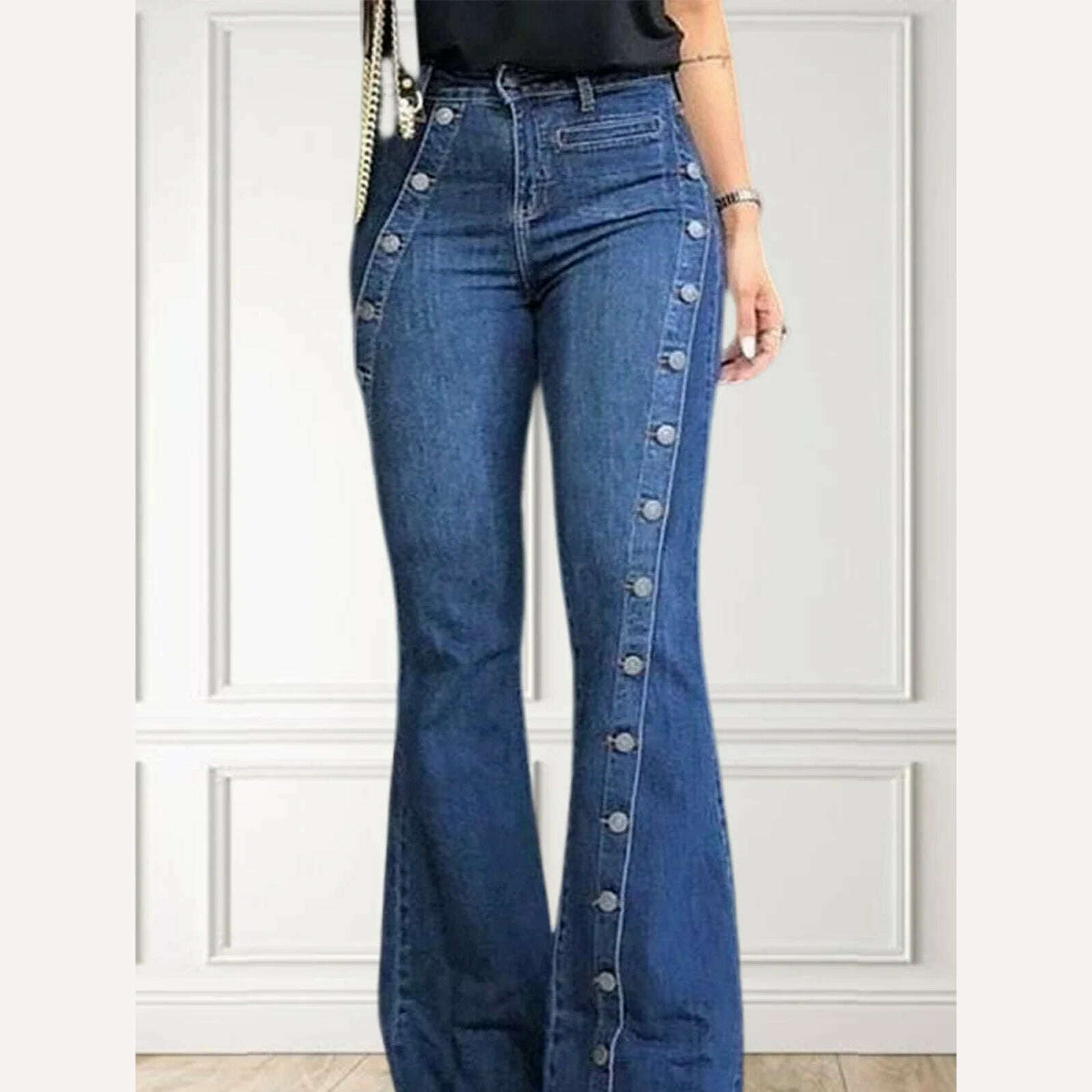 KIMLUD, Women's Jeans Fashion High Waist Vintage Plain Button Decor Long Denim Casual Button Flare Leg Jeans All Season Trousers 2024, KIMLUD Womens Clothes