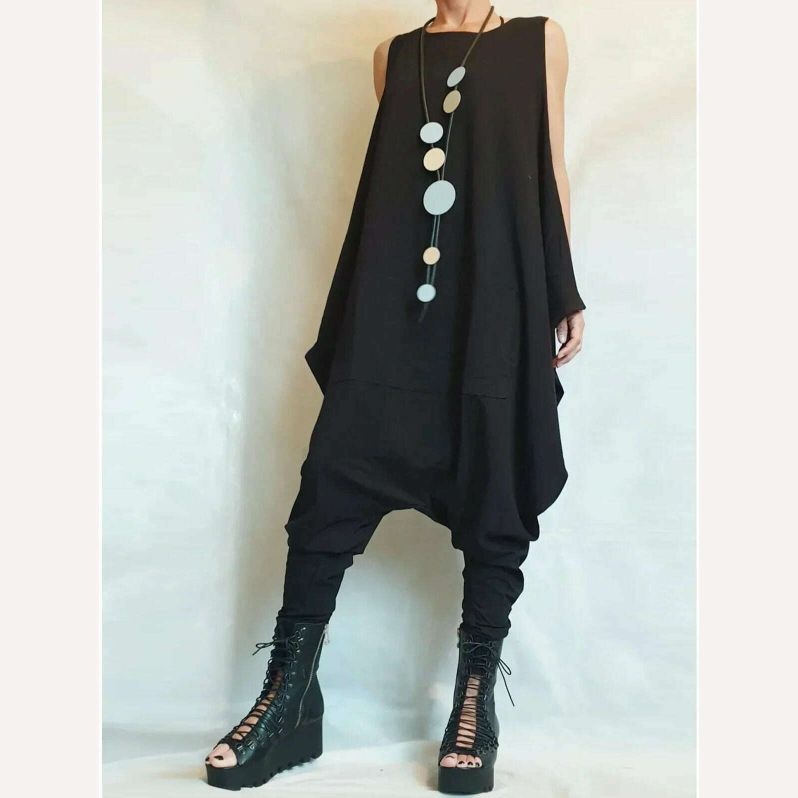 KIMLUD, Women's Jumpsuit Black Sleeveless Harem Long Pants Harajuku Street Outfit Style Suspender O-neck Low Waisted Tank Top Jumpsuit, KIMLUD Womens Clothes