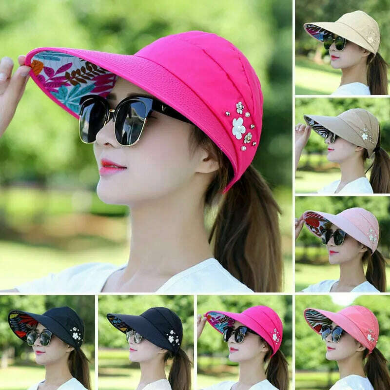 KIMLUD, Womens Ladies Summer Wide Brim Foldable Sun Hat Anti-UV Beach Visor Caps Hats, KIMLUD Women's Clothes