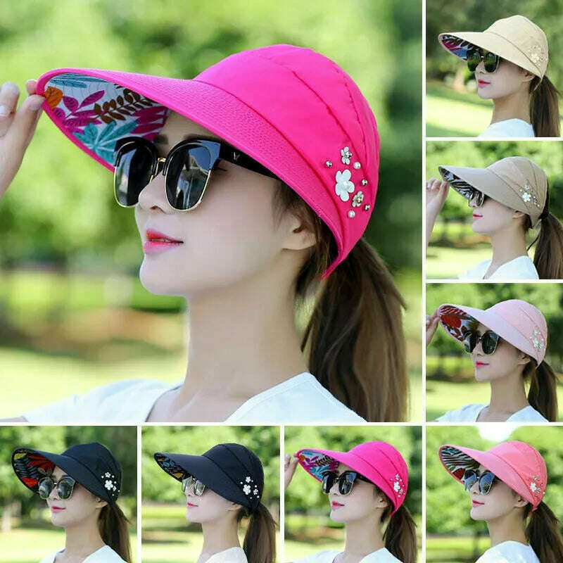 Womens Ladies Summer Wide Brim Foldable Sun Hat Anti-UV Beach Visor Caps Hats - KIMLUD