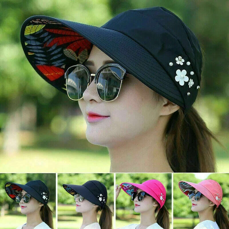 KIMLUD, Womens Ladies Summer Wide Brim Foldable Sun Hat Anti-UV Beach Visor Caps Hats, KIMLUD Women's Clothes