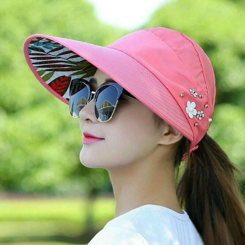 Womens Ladies Summer Wide Brim Foldable Sun Hat Anti-UV Beach Visor Caps Hats - KIMLUD
