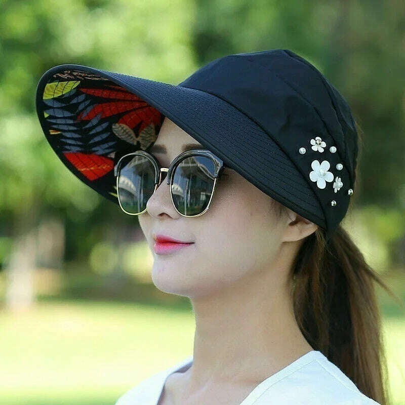 Womens Ladies Summer Wide Brim Foldable Sun Hat Anti-UV Beach Visor Caps Hats - KIMLUD