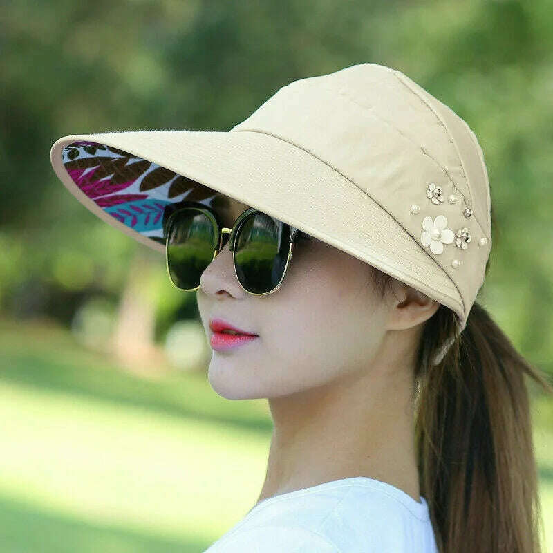 KIMLUD, Womens Ladies Summer Wide Brim Foldable Sun Hat Anti-UV Beach Visor Caps Hats, Beige, KIMLUD Women's Clothes