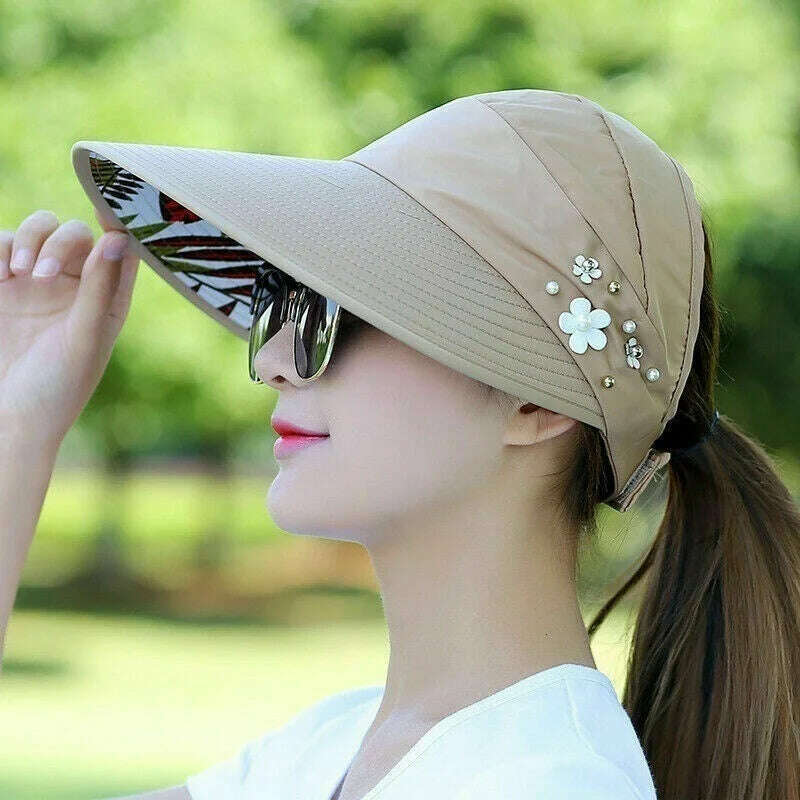 KIMLUD, Womens Ladies Summer Wide Brim Foldable Sun Hat Anti-UV Beach Visor Caps Hats, Khaki, KIMLUD Womens Clothes