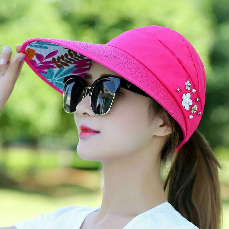 Womens Ladies Summer Wide Brim Foldable Sun Hat Anti-UV Beach Visor Caps Hats - KIMLUD