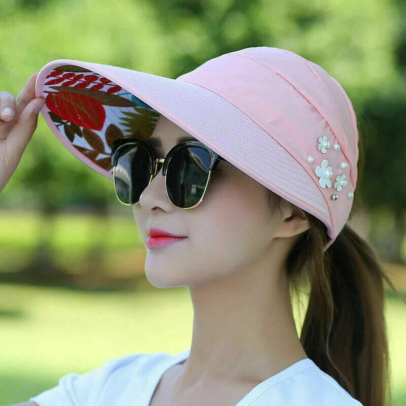 KIMLUD, Womens Ladies Summer Wide Brim Foldable Sun Hat Anti-UV Beach Visor Caps Hats, Pink, KIMLUD Women's Clothes