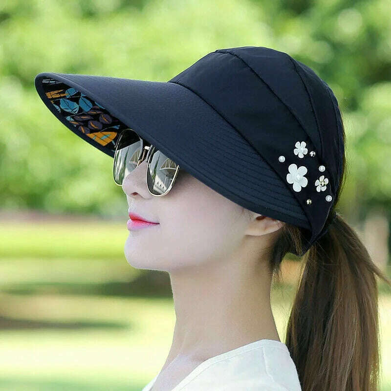 KIMLUD, Womens Ladies Summer Wide Brim Foldable Sun Hat Anti-UV Beach Visor Caps Hats, black, KIMLUD Womens Clothes