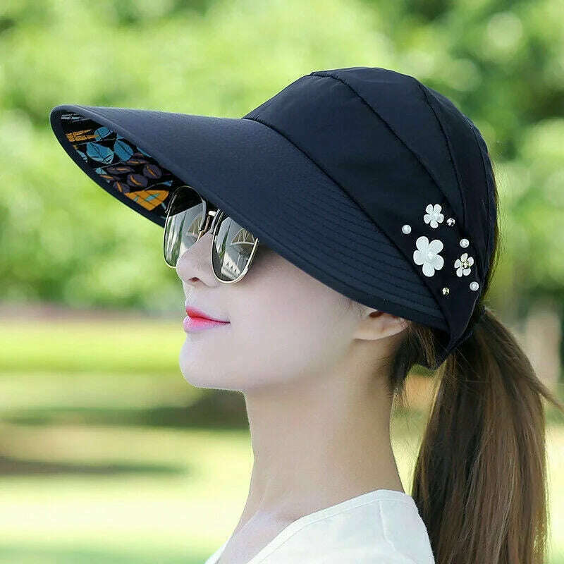 Womens Ladies Summer Wide Brim Foldable Sun Hat Anti-UV Beach Visor Caps Hats - KIMLUD