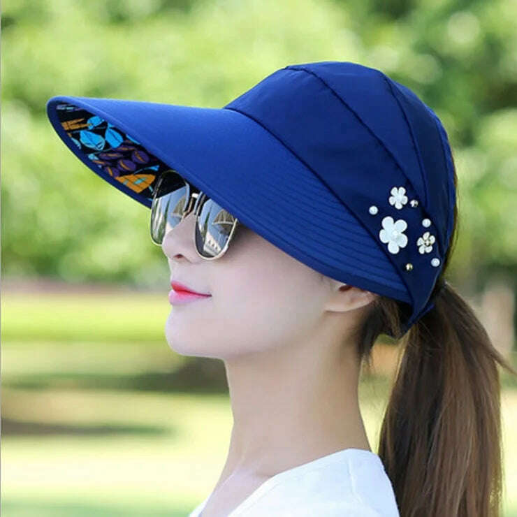 KIMLUD, Womens Ladies Summer Wide Brim Foldable Sun Hat Anti-UV Beach Visor Caps Hats, Blue, KIMLUD Women's Clothes