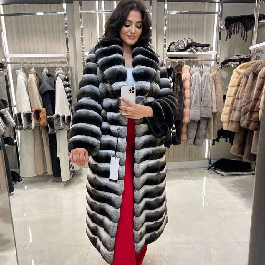KIMLUD, Women's Long Winter Coat Chinchilla Luxury Real Rex Rabbit Fur Coats For Women Fur Coat Women Warm Best Seller, KIMLUD Women's Clothes