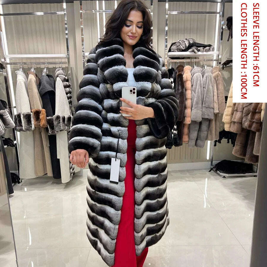 KIMLUD, Women's Long Winter Coat Chinchilla Luxury Real Rex Rabbit Fur Coats For Women Fur Coat Women Warm Best Seller, 1 / XXXL-BUST-120CM, KIMLUD Womens Clothes