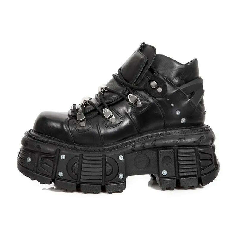 Women's men Punk Style Leather Shoes Lace-up Heel Height Couple Platform Gothic Ankle Boots Metal Decor Thick Bottom Sneakers 45 - KIMLUD