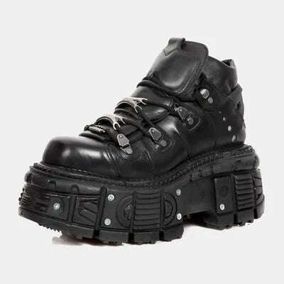 Women's men Punk Style Leather Shoes Lace-up Heel Height Couple Platform Gothic Ankle Boots Metal Decor Thick Bottom Sneakers 45 - KIMLUD