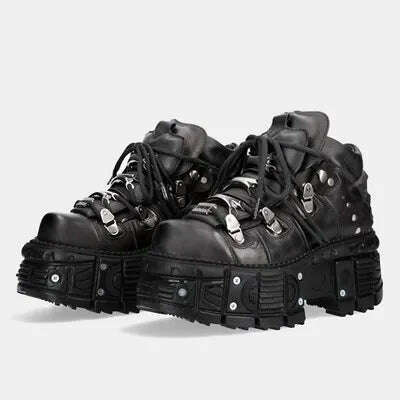 Women's men Punk Style Leather Shoes Lace-up Heel Height Couple Platform Gothic Ankle Boots Metal Decor Thick Bottom Sneakers 45 - KIMLUD