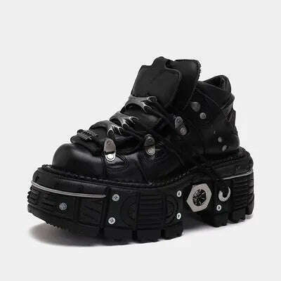Women's men Punk Style Leather Shoes Lace-up Heel Height Couple Platform Gothic Ankle Boots Metal Decor Thick Bottom Sneakers 45 - KIMLUD