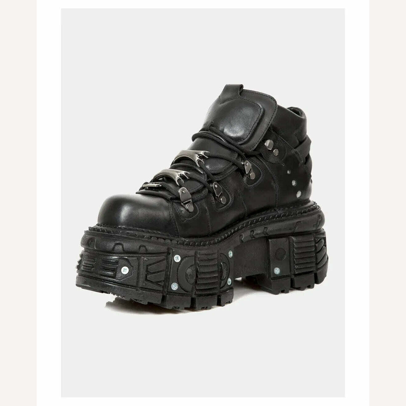 Women's men Punk Style Leather Shoes Lace-up Heel Height Couple Platform Gothic Ankle Boots Metal Decor Thick Bottom Sneakers 45 - KIMLUD