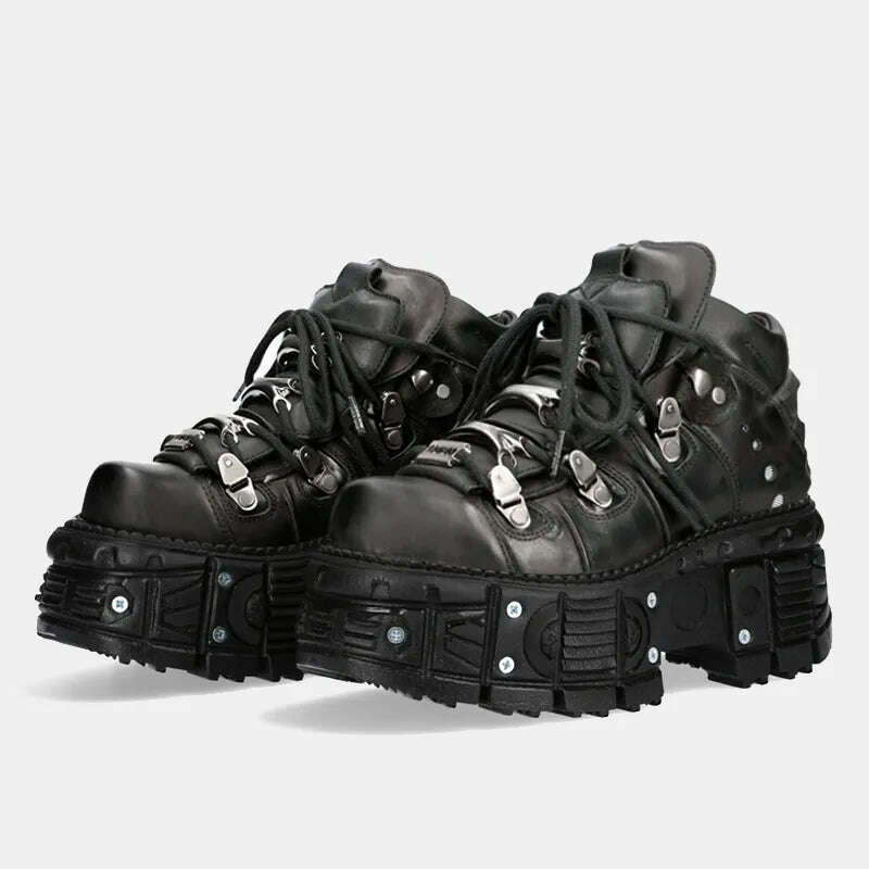 Women's men Punk Style Leather Shoes Lace-up Heel Height Couple Platform Gothic Ankle Boots Metal Decor Thick Bottom Sneakers 45 - KIMLUD