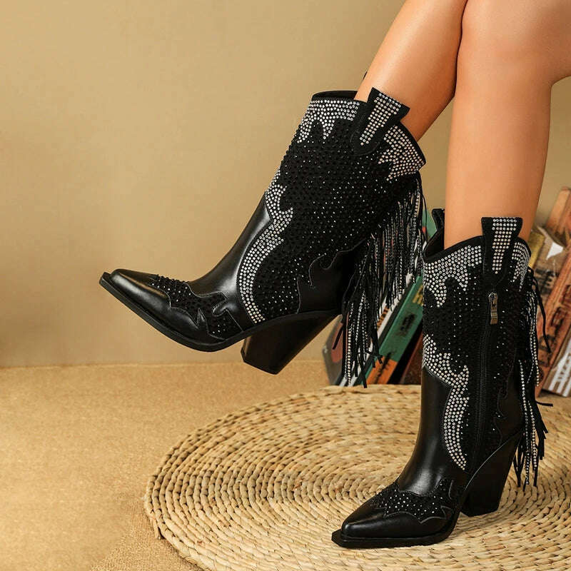 KIMLUD, Women's new European and American pointed tassel rhinestone high heeled oversized and calf Western denim short boots, KIMLUD Women's Clothes