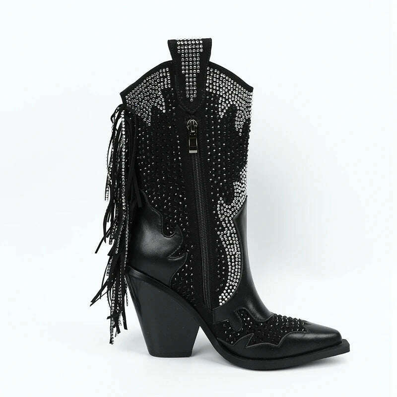 KIMLUD, Women's new European and American pointed tassel rhinestone high heeled oversized and calf Western denim short boots, black / 36, KIMLUD Womens Clothes