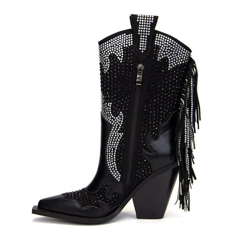 KIMLUD, Women's new European and American pointed tassel rhinestone high heeled oversized and calf Western denim short boots, KIMLUD Womens Clothes