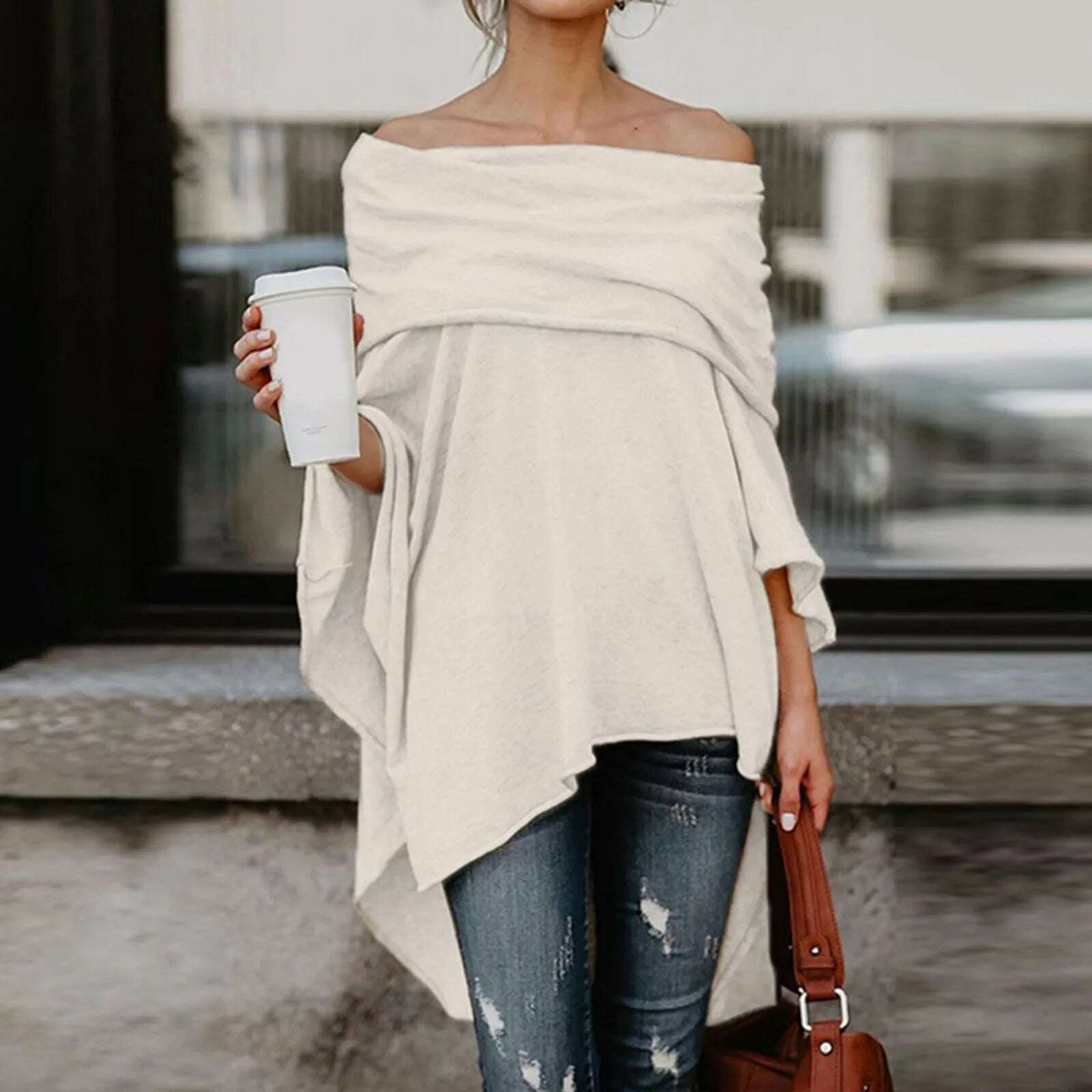 KIMLUD, Womens Off Shoulder Irregular Tops Sexy Long Sleeve Loose Daily Casual Long Shirts Elegant Female Summer Spring Pullover Blouse, Beige / S / CHINA, KIMLUD Women's Clothes