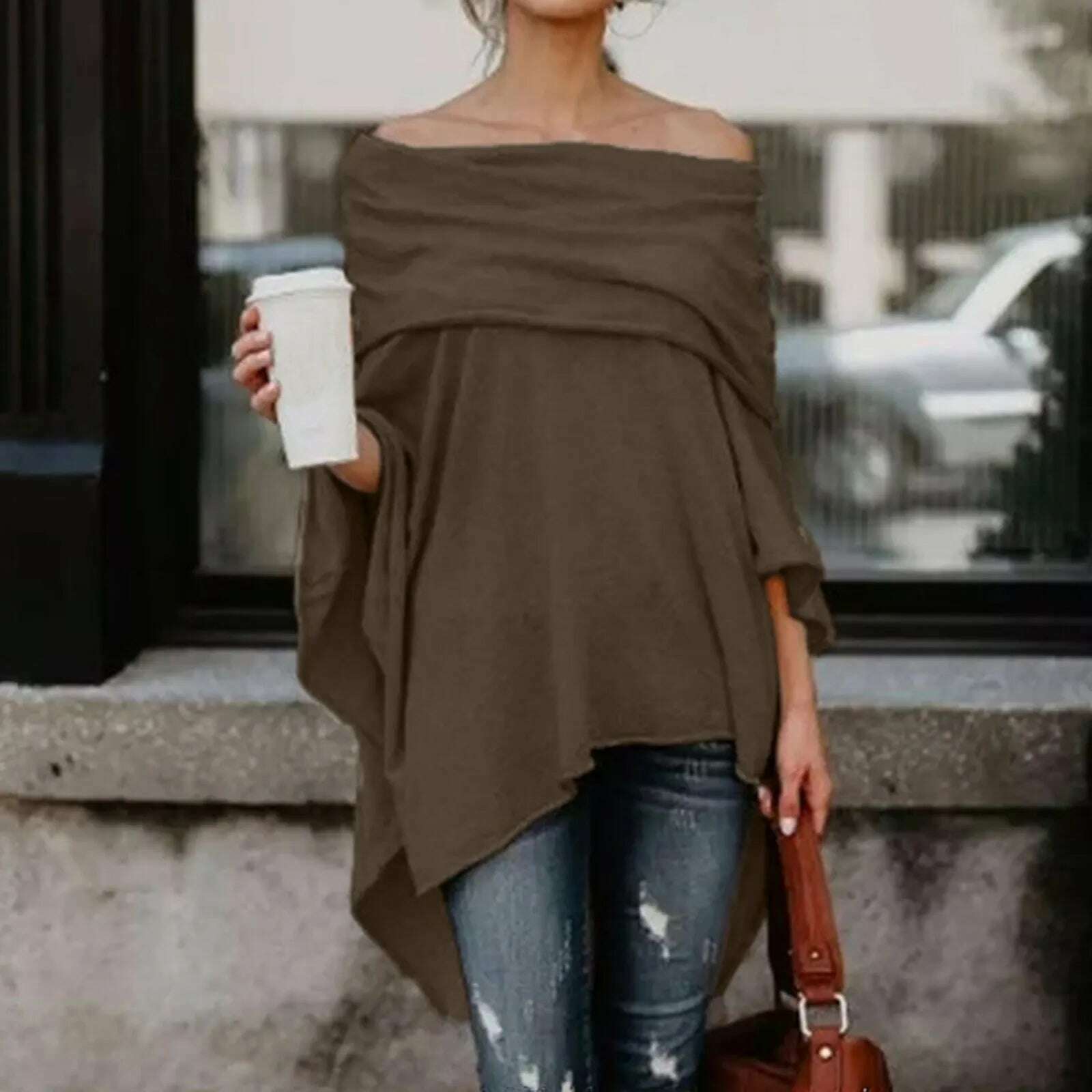 KIMLUD, Womens Off Shoulder Irregular Tops Sexy Long Sleeve Loose Daily Casual Long Shirts Elegant Female Summer Spring Pullover Blouse, Coffee / S / CHINA, KIMLUD Women's Clothes