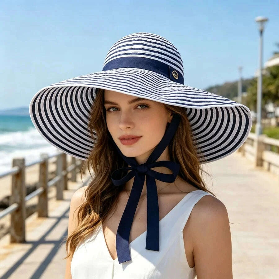 Women's Oversized Striped Sun Hat with Windproof Strap to Prevent It from Blowing Off, Foldable Full-Face Sun Protection Hat, Essential for Summer Beach Trips and Seaside Vacations