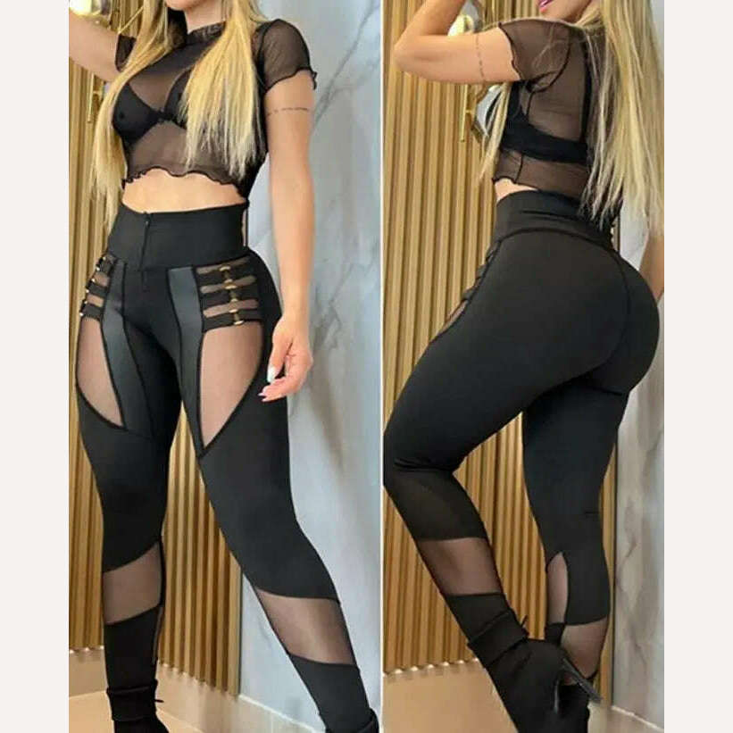KIMLUD, Women's Pants 2023 Summer Fashion O-Ring Decor Sheer Mesh Patch Casual Plain Skinny Daily Semi-Sheer Pants Y2K Streetwear, KIMLUD Womens Clothes