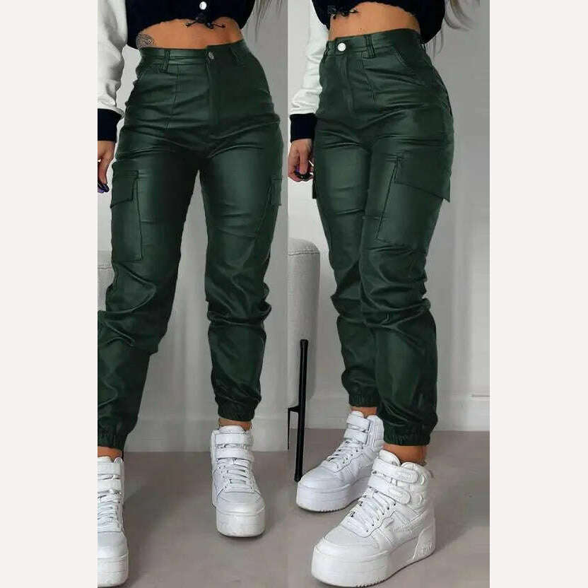 Women's Pants 2023 Summer Fashion Pocket Design Pu Leather Casual Plain High Waist Daily Long Cuffed Pants Y2K Streetwear - KIMLUD