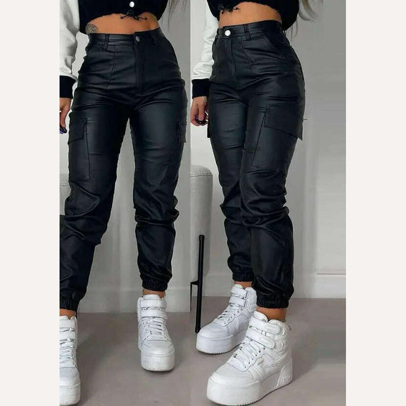 Women's Pants 2023 Summer Fashion Pocket Design Pu Leather Casual Plain High Waist Daily Long Cuffed Pants Y2K Streetwear - KIMLUD