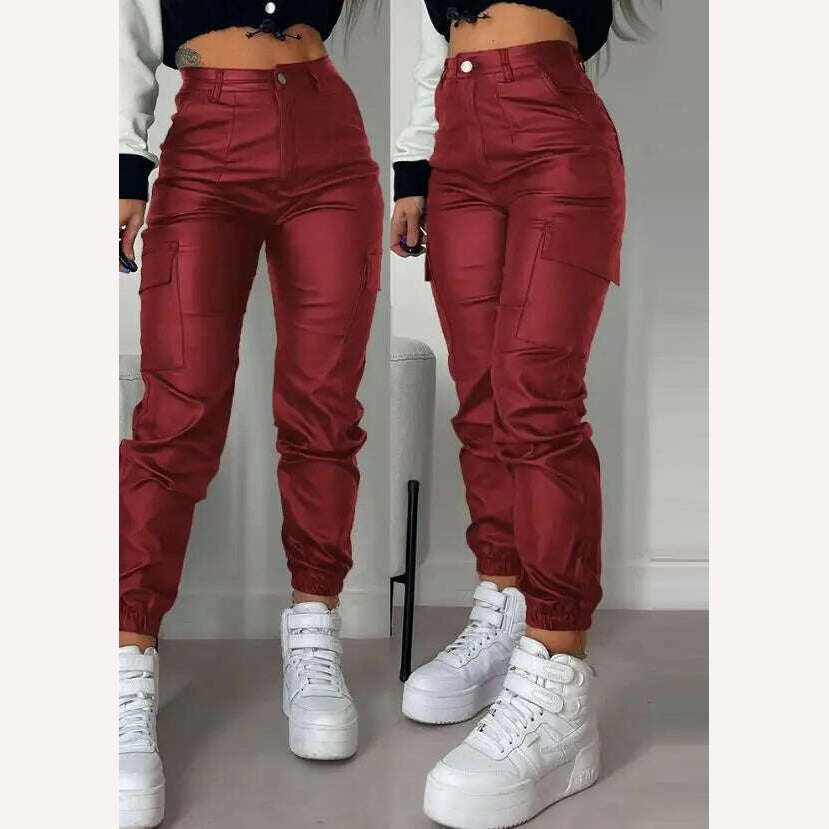 Women's Pants 2023 Summer Fashion Pocket Design Pu Leather Casual Plain High Waist Daily Long Cuffed Pants Y2K Streetwear - KIMLUD