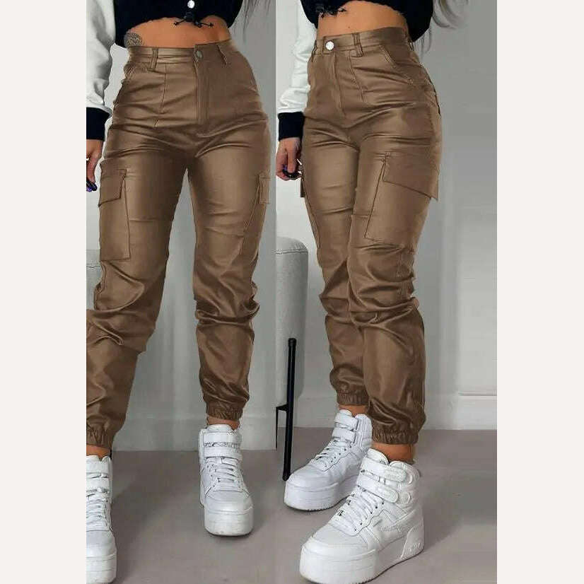 Women's Pants 2023 Summer Fashion Pocket Design Pu Leather Casual Plain High Waist Daily Long Cuffed Pants Y2K Streetwear - KIMLUD
