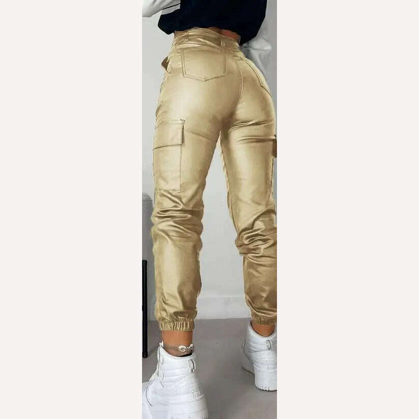 Women's Pants 2023 Summer Fashion Pocket Design Pu Leather Casual Plain High Waist Daily Long Cuffed Pants Y2K Streetwear - KIMLUD