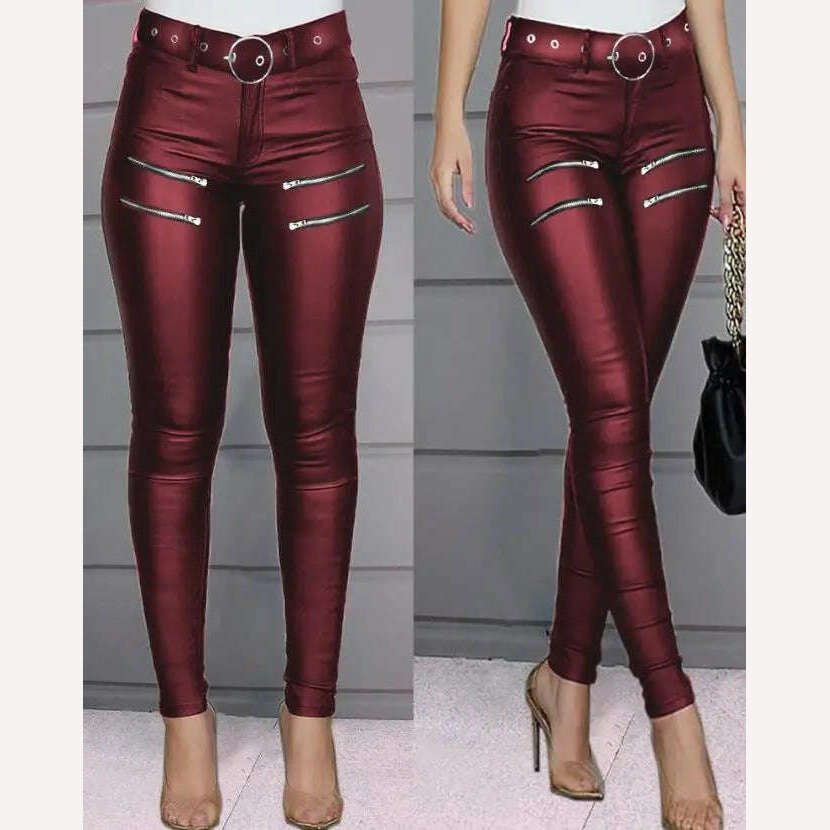 KIMLUD, Women's Pants 2023 Summer Fashion Zipper Design High Waist Pu Leather Casual Plain Skinny Daily Long Pants Y2K Streetwear, C / S, KIMLUD APPAREL - Womens Clothes