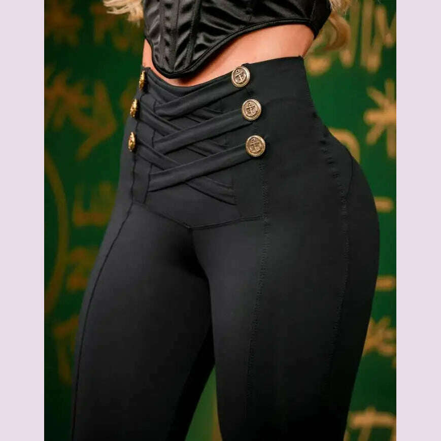 KIMLUD, Women's Pants High Waist Trousers 2023 Button Decoration Office Solid Color Elegant Hip Lifting Leggings Skinny Pencil Pants, KIMLUD Womens Clothes