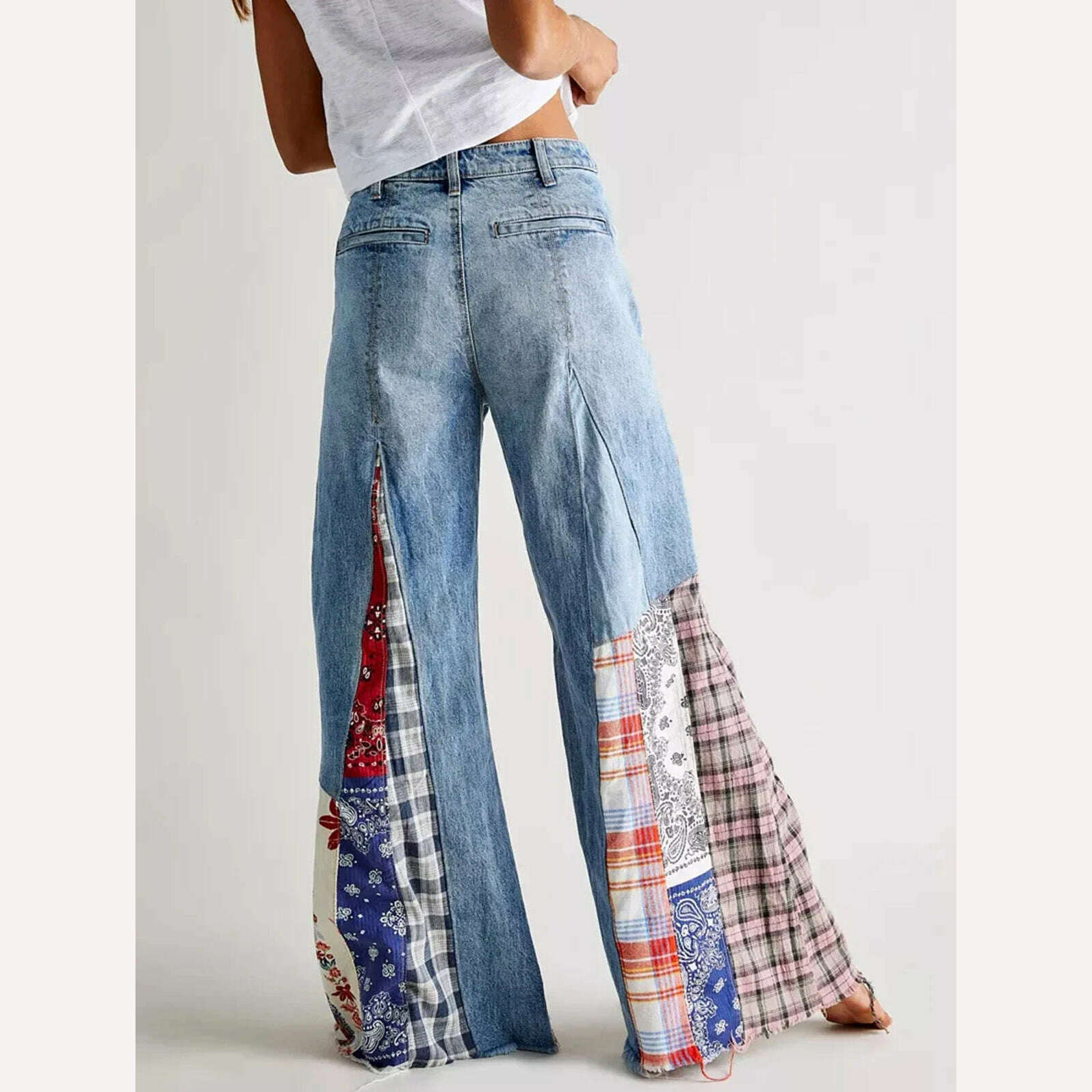 Women's Patchwork Denim Big Flare Pants Vintage Zipper Streetwear Pocket Wide Leg Mid-Waist Jeans Pants Spring Autumn 2024 - KIMLUD