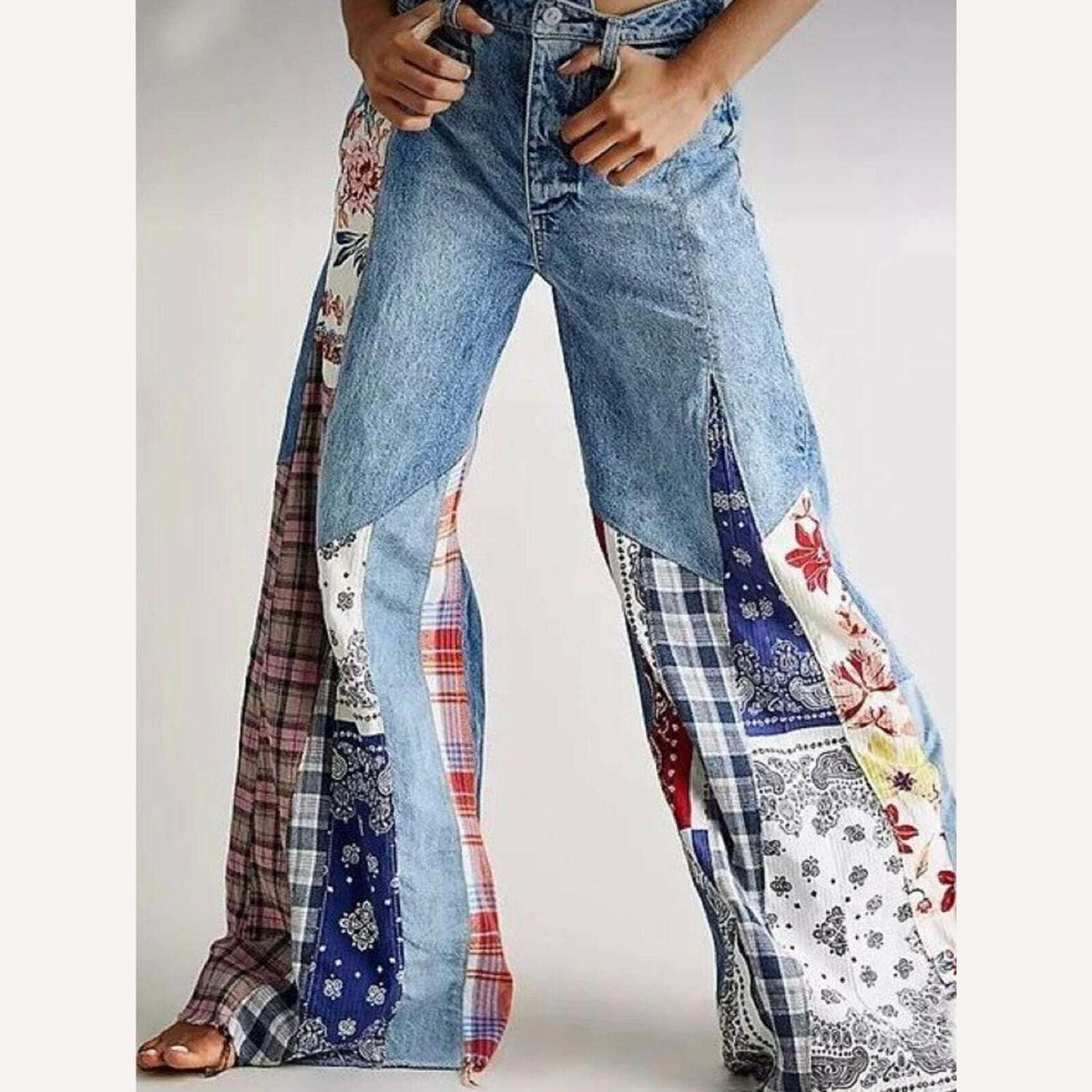 Women's Patchwork Denim Big Flare Pants Vintage Zipper Streetwear Pocket Wide Leg Mid-Waist Jeans Pants Spring Autumn 2024 - KIMLUD
